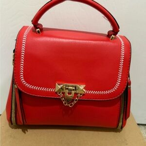 Red Structured Top Handle Crossbody Bag Gold Hardware